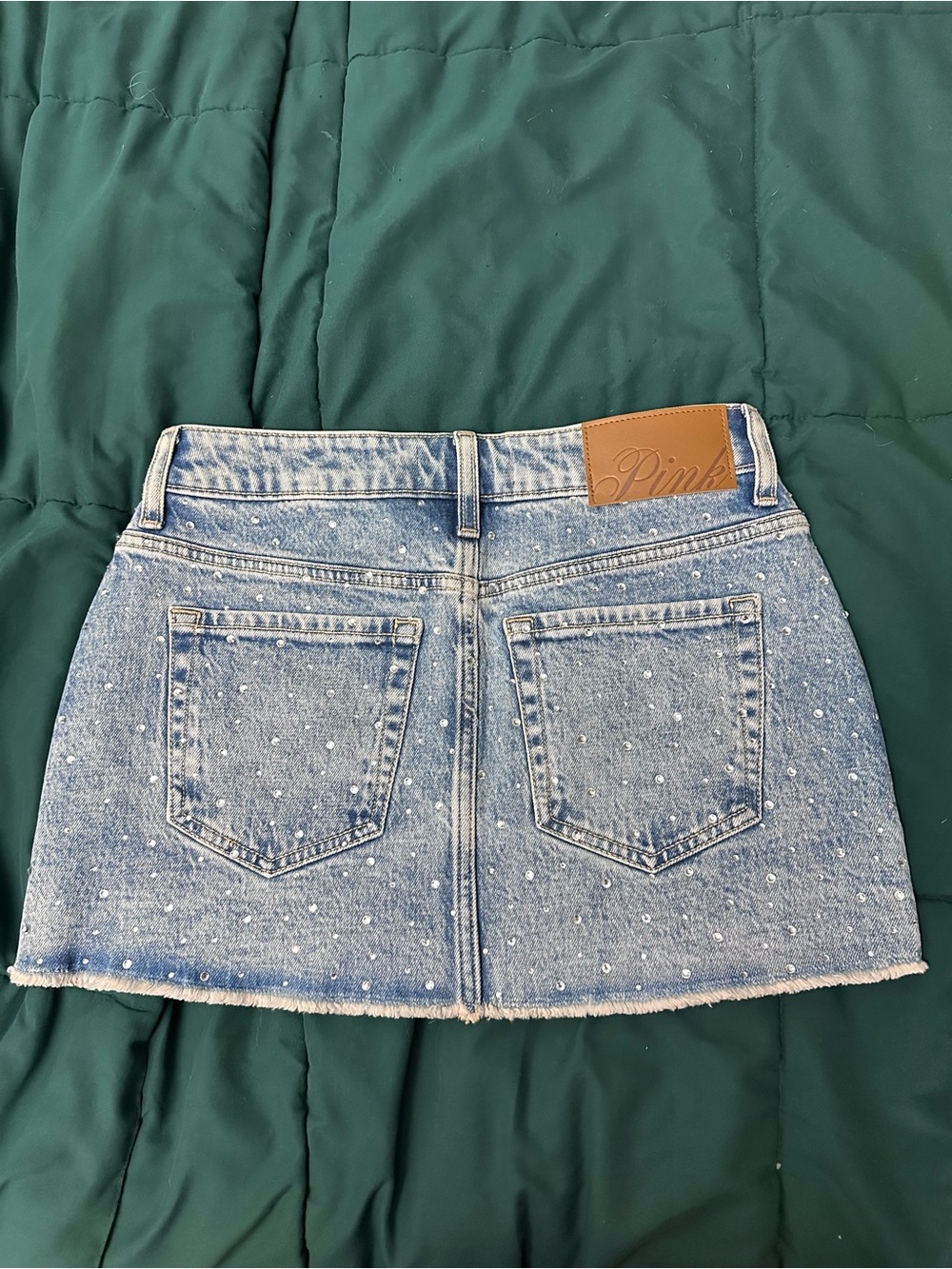 PINK Victoria's Secret Denim Mini Skirt in Light Blue with Rhinestone Detail